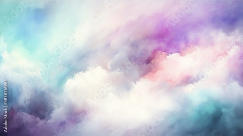 Watercolor abstract background in shades of blue, white, pink, and purple, showcasing a combination of grunge and marble textures with a subtle mist or hazy lighting effect