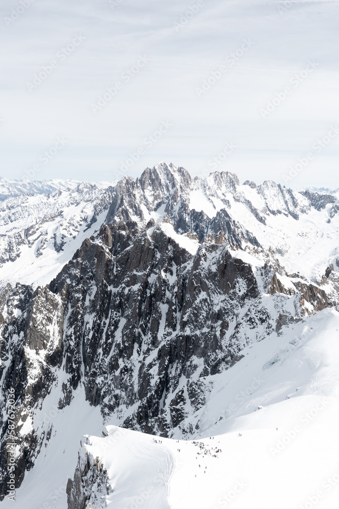 Chamonix winter mountain peaks from the ski slopes