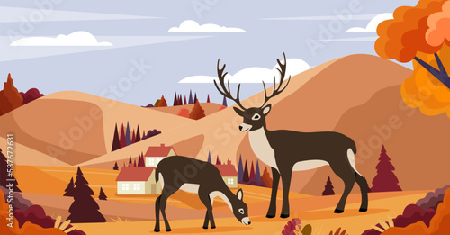 Autumn landscape concept. Two deer against background of trees and houses, village. Beautiful panorama of nature. Cold weather and autumn season. Wild life and fauna. Cartoon flat vector illustration