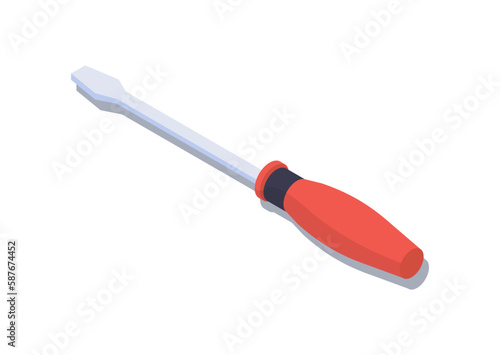 Isometric red screwdriver concept. Instrument, equiment and tool. Plastic handle with metal. Renovation, repair and fix. Poster or banner for website. 3D cartoon vector illustration
