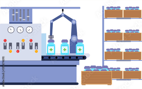 Vaccine conveyor line machine and rack full of medicine bottle to supply. medicine production. flat vector illustration.