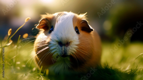 Guinea pig on lawn yard, close up. Outdoor Odyssey Guinea Pig Explores the Yard