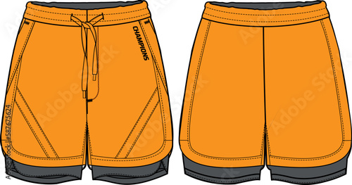 Running Shorts jersey design flat sketch vector illustration. Boxing shorts concept with front and back view for Soccer, basketball, Volleyball, Rugby, badminton active wear shorts design.