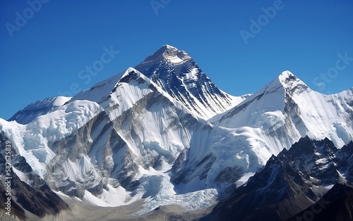 Snowy mountains illustration. Everest. Generative AI technology.