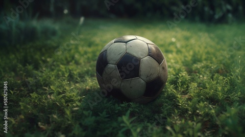 A soccer ball on the green grass, close-up. Generative AI.