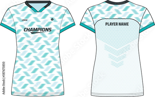 Women Sports Jersey t-shirt design flat sketch illustration with Abstract pattern suitable for girls and Ladies for Volleyball jersey, Football, Soccer and netball, Sport uniform kit for sports