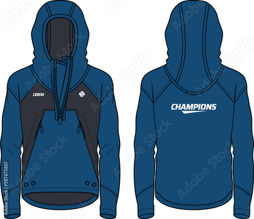 Long sleeve tech shell Hoodie jacket design flat sketch Illustration, Hooded utility jacket with front and back view, winter jacket for Men and women. for hiker, outerwear and workout in winter