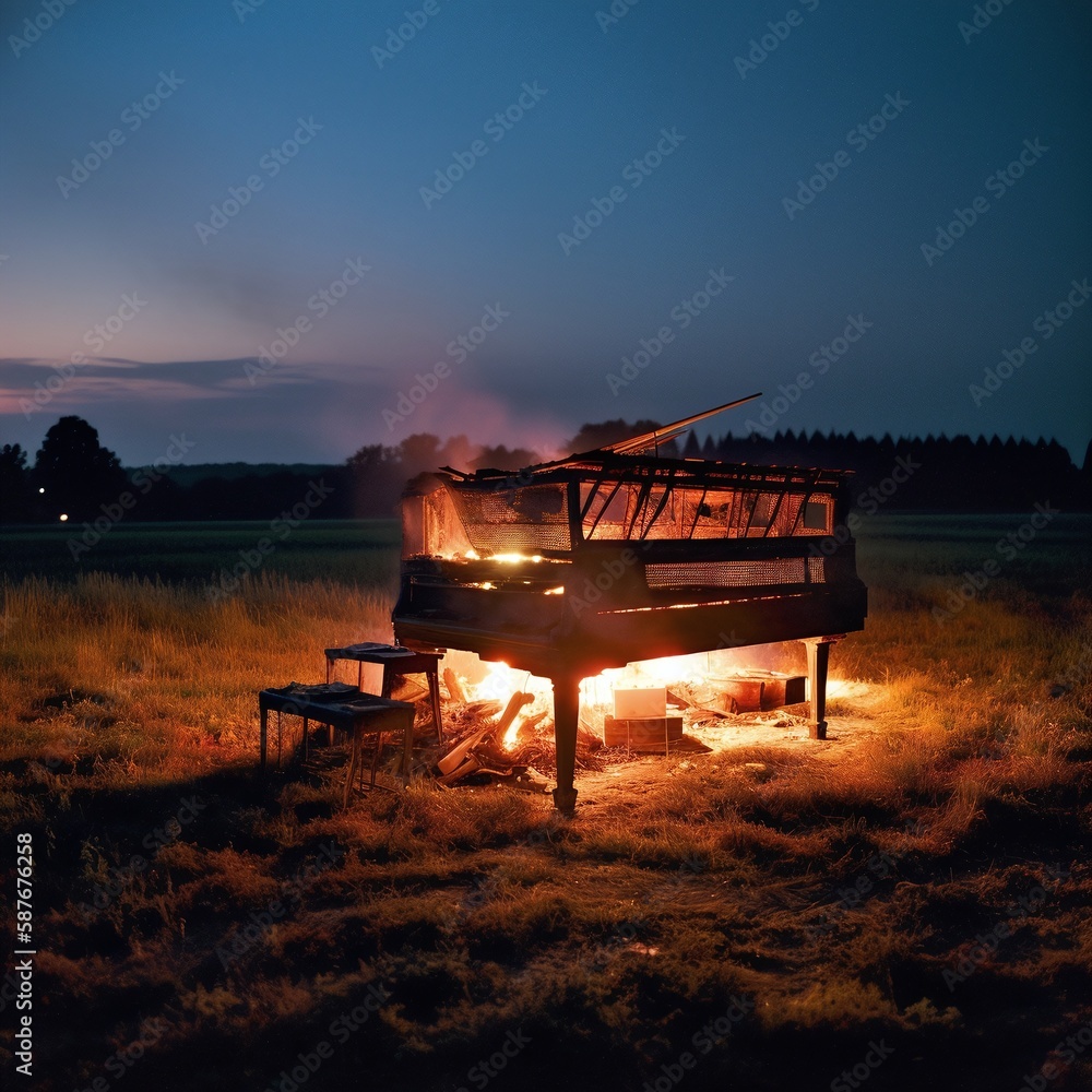 Obraz premium The Great Calamity with a Lonesome Piano in a Blazing Wilderness Generated by AI