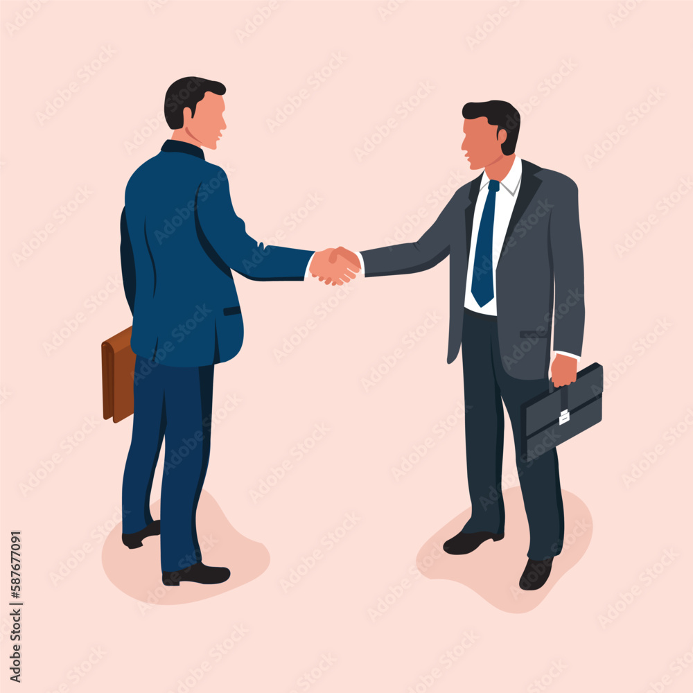 Business deal and agreement. Two business people handshaking. Vector illustration isometric design