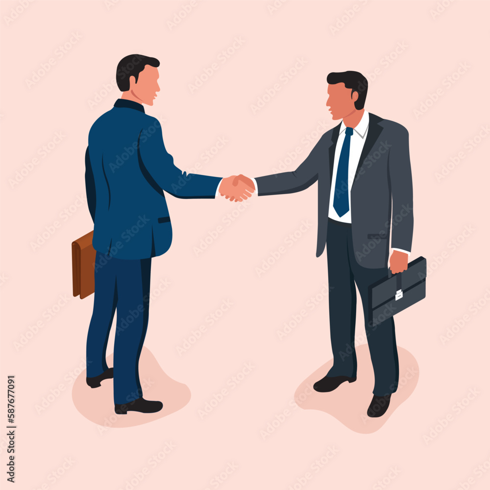 Business deal and agreement. Two business people handshaking. Vector illustration isometric design Business deal and agreement. Two business people handshaking. Vector illustration isometric design