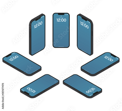 黒いスマートホンのアイソメイラストセット_待受画面