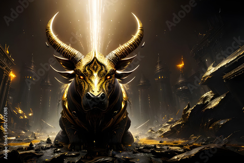 Abstract modern art of black Bull with golden texture . canvas art collection for decoration and interior. black and gold. wall art. canvas art, wallpaper . Generative ai © Vieriu