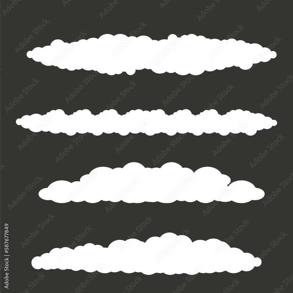 vector white summer clouds set isolated isolated on grey background. Flat sky cloud icon collection. Simple cloud shape clip art