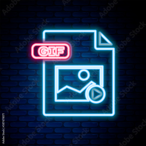 Glowing neon line GIF file document. Download gif button icon isolated on brick wall background. GIF file symbol. Colorful outline concept. Vector