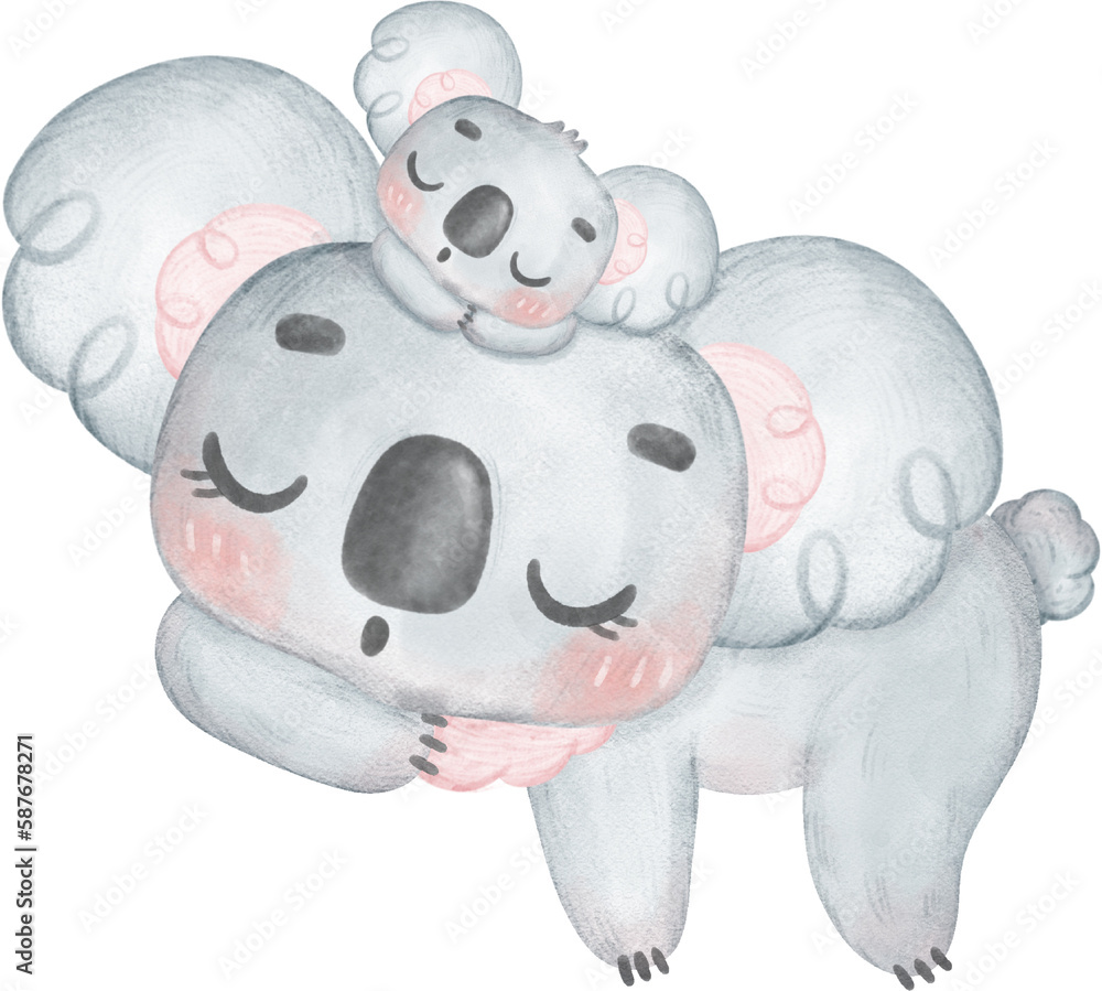 Cute Fuzzy-Eared Koala mother and baby together adorable cartoon watercolour Illustration Cute Fuzzy-Eared Koala mother and baby together adorable cartoon watercolour Illustration
