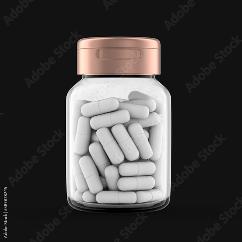 Rose Gold Copper Capsule Jar Medical Container Front View Isolated Black Background