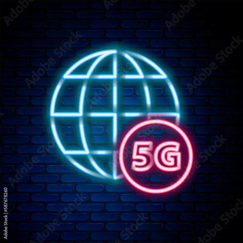 Glowing neon line 5G new wireless internet wifi connection icon isolated on brick wall background. Global network high speed connection data rate technology. Colorful outline concept. Vector