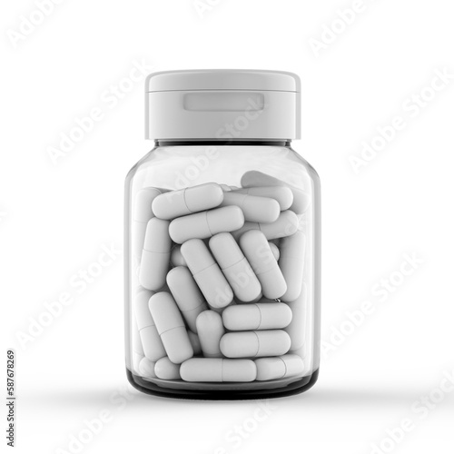 White Capsule Jar Medical Container Front View Isolated Transparent Background