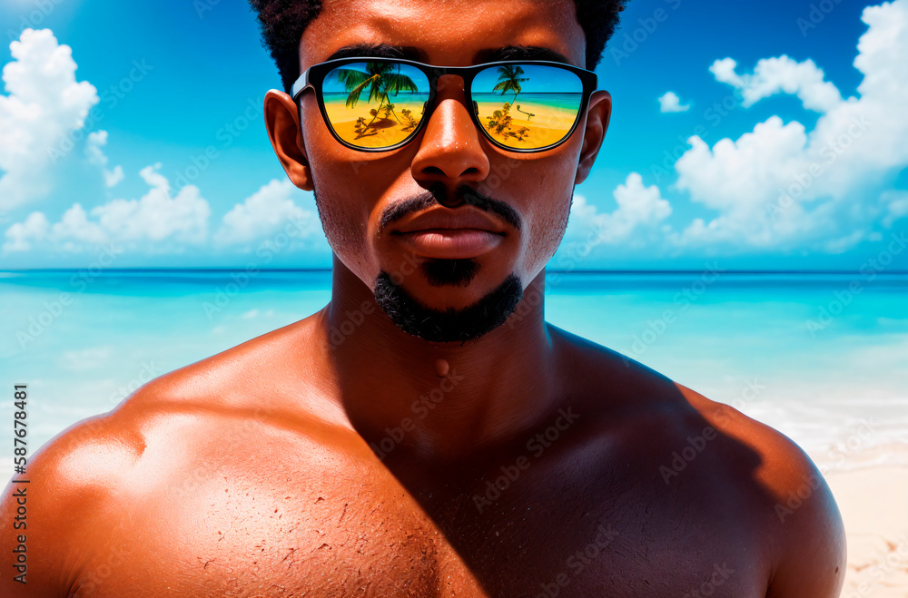 Young man in tropics. Handsome male on background of tropical landscape. Generative AI.