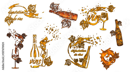 Wine Designs - Collection of wine glasses and bottles. Hand drawn elements for invitation cards, advertising banners, menus in gold style. Wine glasses with splashing wine. Sketch vector illustration
