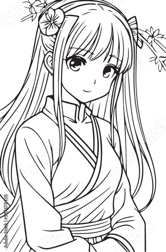 Anime girl smiling, vector coloring for children