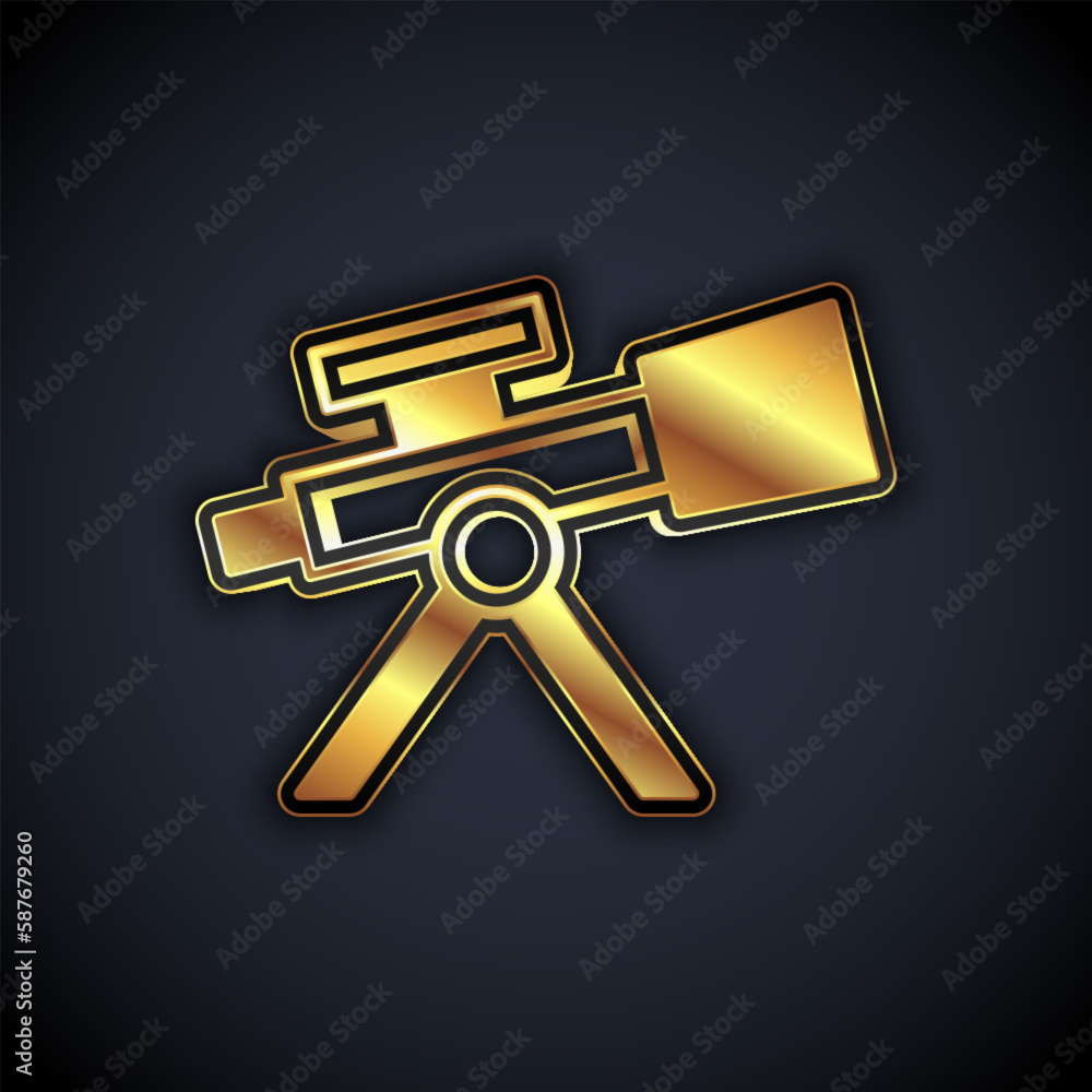 Gold Telescope icon isolated on black background. Scientific tool. Education and astronomy element, spyglass and study stars. Vector Gold Telescope icon isolated on black background. Scientific tool. Education and astronomy element, spyglass and study stars. Vector