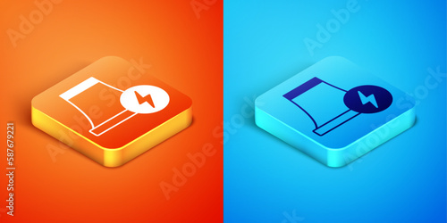 Isometric Nuclear power plant icon isolated on orange and blue background. Energy industrial concept. Vector
