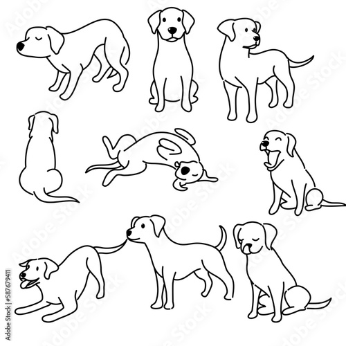 Hand-Drawn Outlines of a puppy dog in Various Poses, Rendered in Doodle-Style Drawing with Freehand Sketching