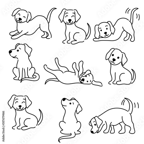 Hand-Drawn Outlines of a puppy dog in Various Poses, Rendered in Doodle-Style Drawing with Freehand Sketching