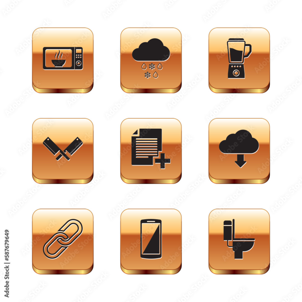 Set Microwave oven, Chain link, Smartphone, mobile phone, Add new file, Crossed meat chopper and Blender icon. Vector Set Microwave oven, Chain link, Smartphone, mobile phone, Add new file, Crossed meat chopper and Blender icon. Vector