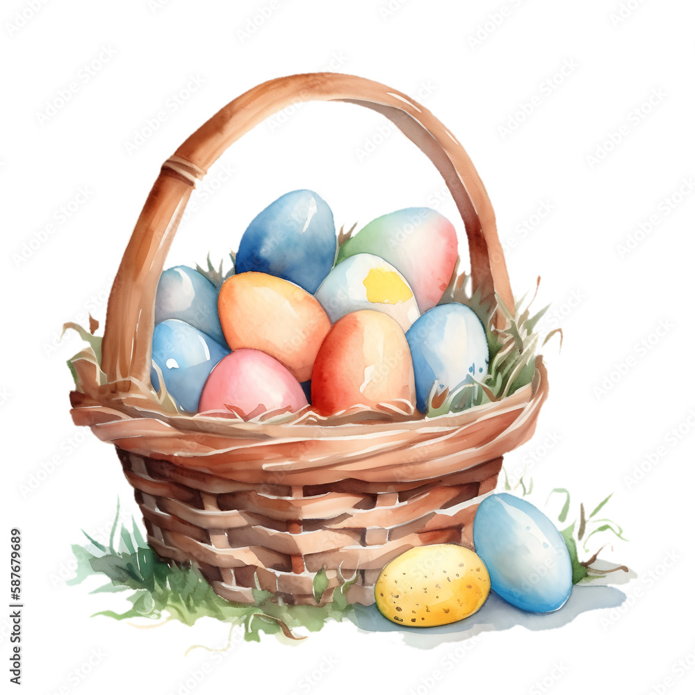Easter basket colourful watercolour illustration on transparent background 