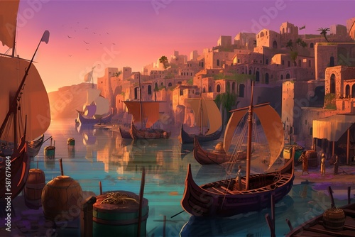 A captivating digital illustration showcasing the bustling life of an ancient Phoenician port city, featuring merchants actively trading goods, a harbor filled with colorful sailboats. gen ai