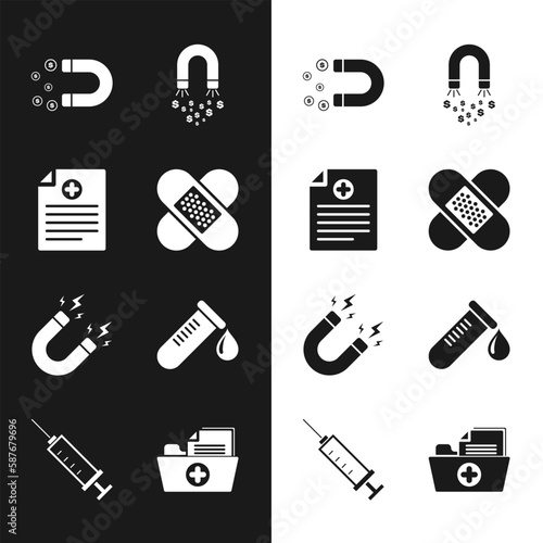Set Crossed bandage plaster, Clinical record, Magnet with money, , lightning and Test tube drop of blood icon. Vector