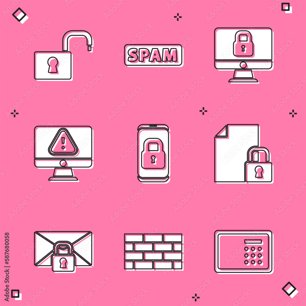 Set Open padlock, Spam, Lock on computer monitor, Monitor with exclamation mark, Mobile closed, Document and, Mail message password and Firewall, security wall icon. Vector Set Open padlock, Spam, Lock on computer monitor, Monitor with exclamation mark, Mobile closed, Document and, Mail message password and Firewall, security wall icon. Vector