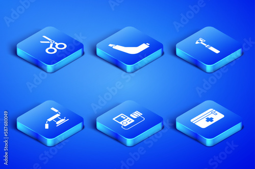Set First aid kit, Medical scissors, Blood pressure, dental chair, Inhaler and otoscope tool icon. Vector