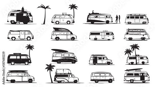 Collection of beach bus black and white.line illustration of travel bus on transparent background.