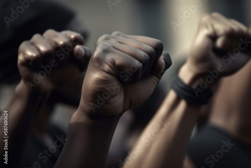 Juneteenth, Black Lives Matter concept. Close-up black hands fists raised up in protest, rally, demonstration, fight for rights. Generative AI