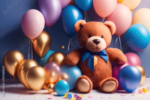 Cute teddy bear with colorful balloons, kid's birthday concept, post processed generative AI art