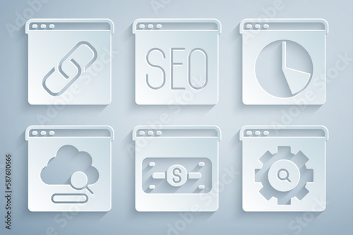 Set Online shopping on screen, Graph chart infographic, Cloud technology data transfer, Browser setting, SEO optimization and window icon. Vector