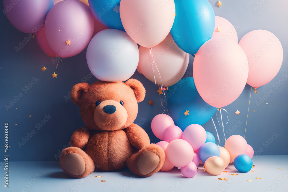 Cute teddy bear with pink and blue balloons, kid's birthday concept, gender reveal party, post processed generative AI art Cute teddy bear with pink and blue balloons, kid's birthday concept, gender reveal party, post processed generative AI art