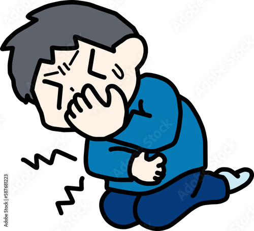 腹痛と吐き気でうずくまっている人物のイラスト