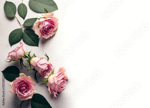 Blossom garden flowers closeup with empty space for text on white background. Floral bloom roses on table, top view flatlay banner for holiday. Generative AI © Ann_ka
