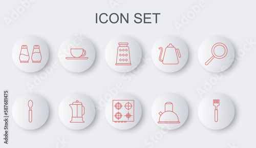 Set line Fork, Spoon, Grater, Kettle with handle, Salt pepper, Coffee cup, French press and Gas stove icon. Vector