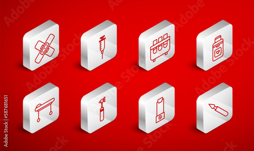 Set line Medical surgery scalpel, Syringe, Test tube and flask, Organ container, Inhaler, Crossed bandage plaster, otoscope tool and Stretcher icon. Vector