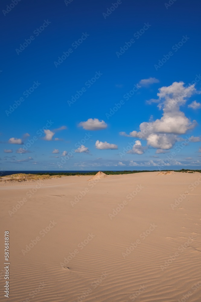 Beautiful holiday seaside landscape. Moving dunes in the desert in Slowinski National Park in Leba, Poland. Beautiful holiday seaside landscape. Moving dunes in the desert in Slowinski National Park in Leba, Poland.