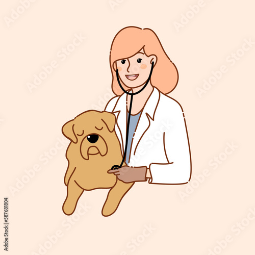 doodle style hand drawn, medicine, pet, animals, health care and people concept - happy veterinarian or doctor with golden retriever dog and clipboard at vet clinic