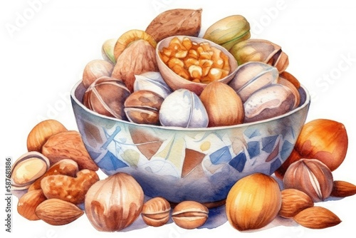 wooden bowl filled with assorted nuts. Generative AI