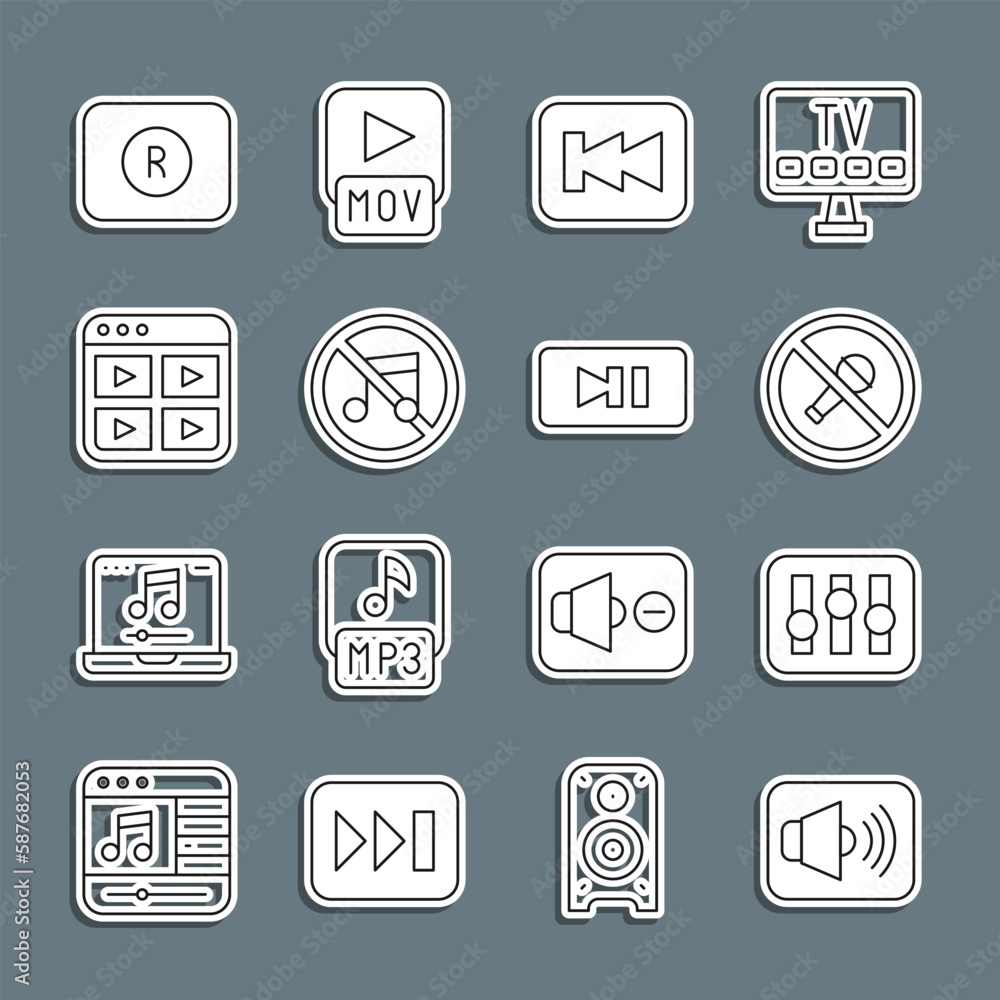 Set line Speaker volume, Sound mixer controller, Mute microphone, Rewind button, mute, Music playlist, Record and Pause icon. Vector Set line Speaker volume, Sound mixer controller, Mute microphone, Rewind button, mute, Music playlist, Record and Pause icon. Vector