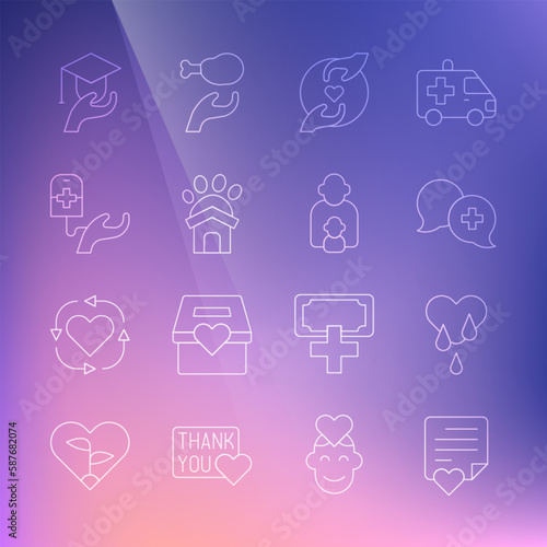 Set line Envelope with heart, Blood donation, Dialogue doctor, Pleasant relationship, Animal shelter house, Education grant and Taking care of children icon. Vector