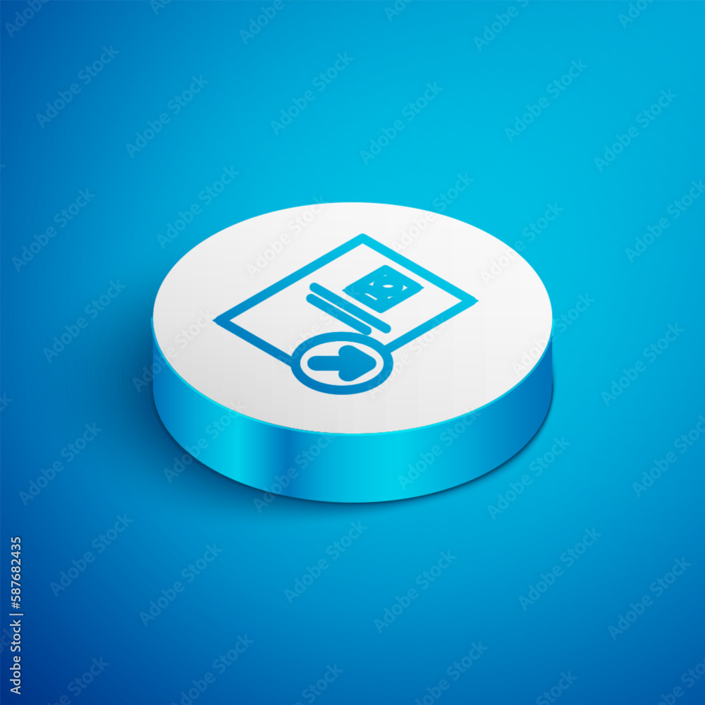 Isometric line Job promotion icon isolated on blue background. Success, achievement, motivation business symbol, growth. White circle button. Vector Isometric line Job promotion icon isolated on blue background. Success, achievement, motivation business symbol, growth. White circle button. Vector